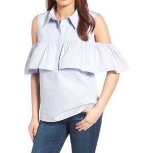 Pleione Blue Ruffled Cold Shoulder Top XLP